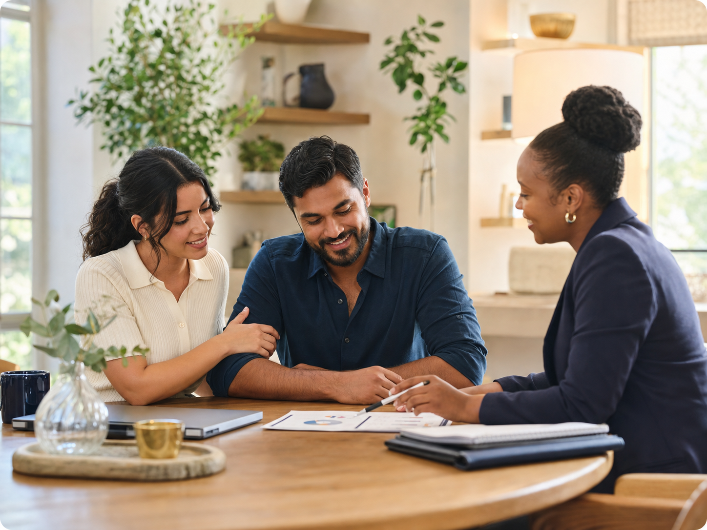 A couple reviewing a financial plan with an educator
